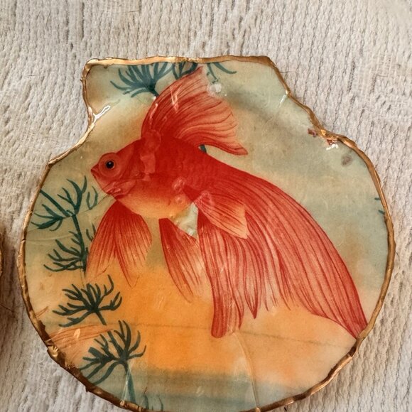 Handmade Decoupage Scallop Shell Trinket Dish Koi Gold Fish - Picture 11 of 13